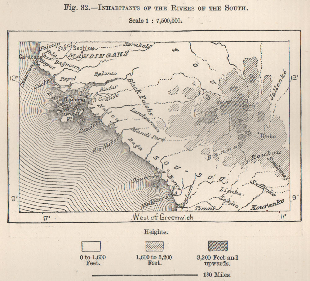 Inhabitants of the Rivers of the South. Guinea-Bissau. Senegambia 1885 old map